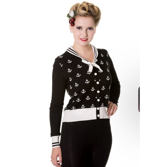 Banned Apparel Retro Pinup Style Anchors Away Sailor Sweater Blk/Wht Sz S - Picture 1 of 8